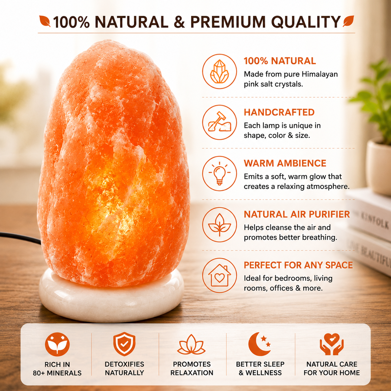 Himalayan Salt Lamp 1–12KG Natural Pink Crystal Warm Night Light with Marble Base Air Purifier Home Decor